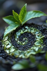 Spill of tea leaves forming a natural spiral