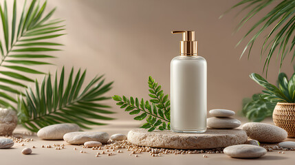 Mockup of luxury cosmetic skincare product, glass bottle standing on the stone, green branches around, beige minimalistic background