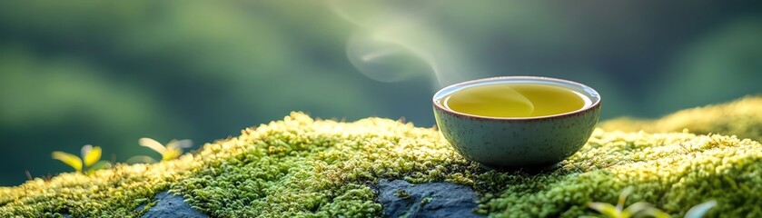 Tiny teacup of green tea on mosscovered rock