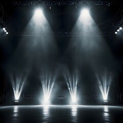A performance stage is dramatically lit by multiple white spotlights cutting through a misty or foggy atmosphere. The beams of light create clear, distinct cones that extend from the top towards the s