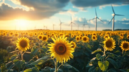 Turbines near blooming sunflower fields in summer