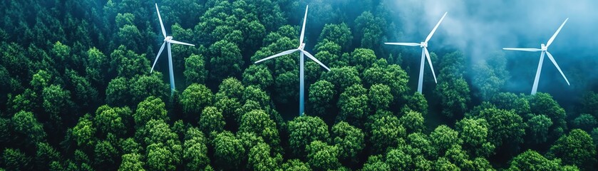 Turbines viewed from drone flying above treetops