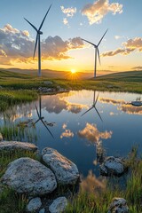 Twin turbines mirrored in shallow reflective pond