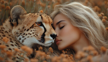Woman lying in grass with cheetah nuzzling