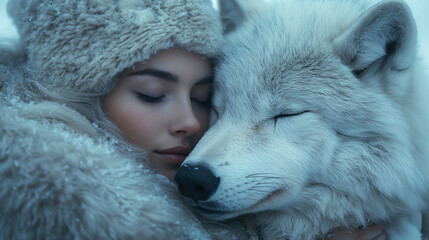 Woman in snow hugging arctic wolf by firelight