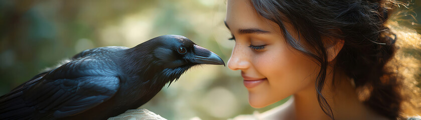 Woman smiling as raven lands gently on her arm
