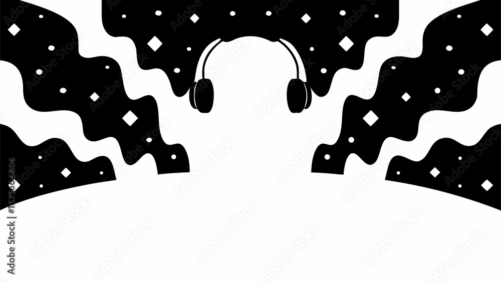 Poster headphones floating in a black and white abstract space with stars and wave like shapes around them