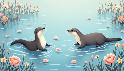 Otters Swimming in Water with Lily Pads and Flowers