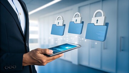 Digital Data Security – Businessman Holding Smartphone with Floating Locked Folders Interface
