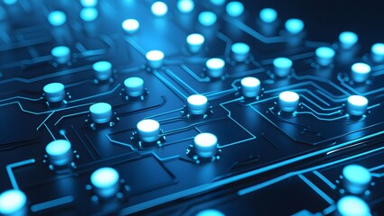 Abstract glowing electronic circuit board with blue lights and connectivity lines