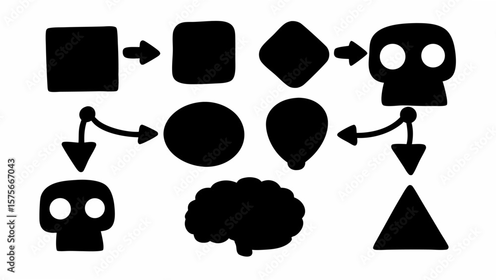 Poster diagram showing progression of shapes leading to skull and brain with arrows and triangle shape