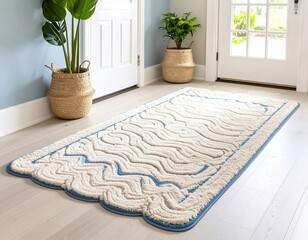 Decorative area rug with textured wave pattern in a bright entryway, surrounded by potted plants, enhancing the welcoming atmosphere of the home interior design