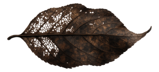 Leaf litter fragment with decomposed texture and mottled brown and black appearance