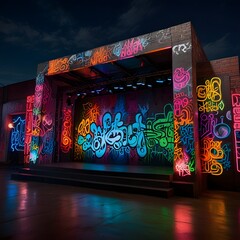 An outdoor stage or structure is showcased, heavily adorned with colorful graffiti art covering its walls and supports. The graffiti features a mix of lettering, tags, and abstract designs in vibrant 