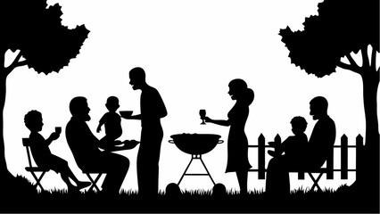Silhouette of a family having a barbecue in the park with trees and a picket fence in the background