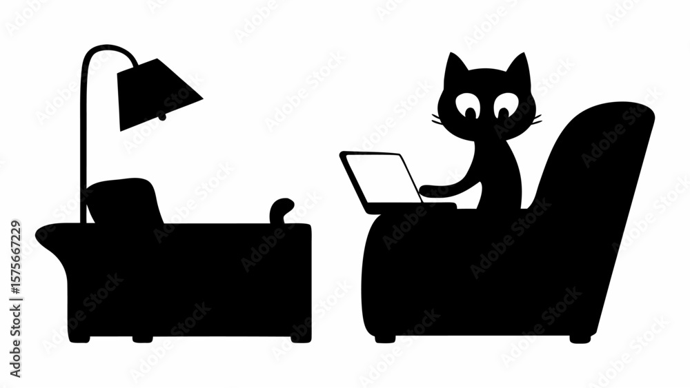 Poster silhouette of a cat working on a laptop while sitting on a couch next to a lamp and another couch in
