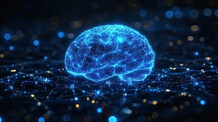 Blue neon AI brain glowing in dark background, futuristic concept of machine learning and intelligence