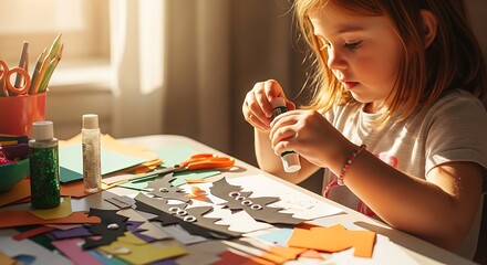 Fototapeta premium Golden Hour Crafts: Child's Focused Creation of Paper Bats