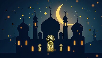 Mosque Silhouette with Crescent Moon and Starry Night Background