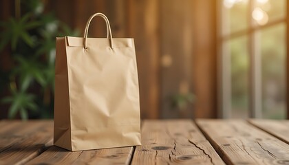 Paper Bag Standing on a Wooden Table in a Bright Room