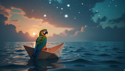 Parrot on Paper Boat Sailing on Ocean at Sunset