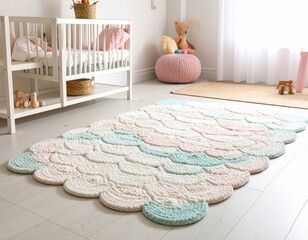 Soft pastel area rug with scalloped design placed in a cozy nursery, featuring a crib, plush toys, and natural light creating a warm and inviting atmosphere