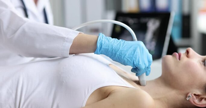 Woman patient lies on couch during thyroid gland ultrasound examination in hospital. Female doctor with device probe checks up body organ in clinic