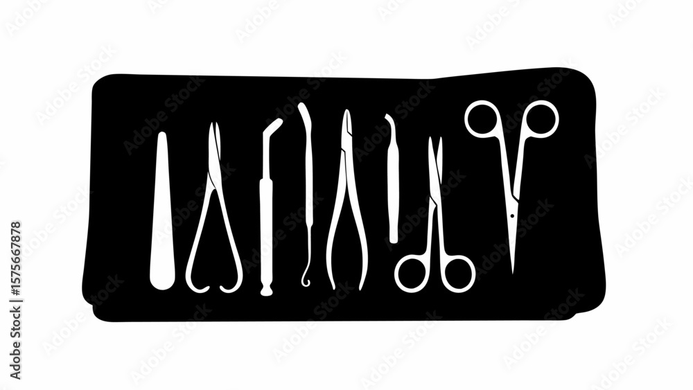 Poster a collection of surgical instruments including forceps and scissors on a black background displayed 
