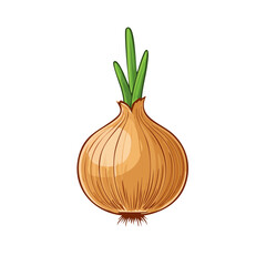 Isolated golden onion illustration against black background depicts single vegetable with sprouting green shoots