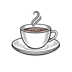 Steaming Coffee Cup on Saucer, Hatch Art, Isolated on Black, Beverage, Breakfast, Lunch, Dinner, Snack, Warm Drink