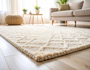 Soft, textured area rug in a cozy living room setting, featuring a light color palette, wooden flooring, and stylish furniture, creating a warm and inviting atmosphere for relaxation