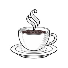 Steaming Hot Coffee Cup on Saucer, Black Background Illustration