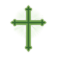 Green ornate cross on black background with radiating light effect for design projects.
