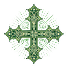 Ornate Green Cross Design with Rays on Black Background