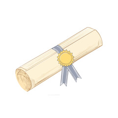 Isolated illustration of a diploma scroll tied with a ribbon and a gold seal for achievements or graduation.