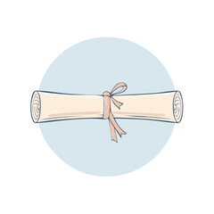 Cartoon illustration of a tied diploma, scroll, or document against a blue circle background
