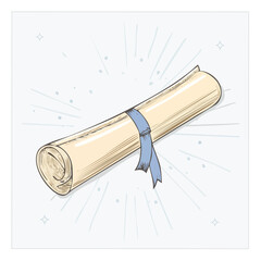 Rolled diploma tied with ribbon on radiating light background illustration