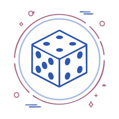 Stylized Dice Icon Graphic on White Disc with Decorative Elements on Black Background