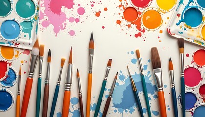 Paintbrushes and Watercolors with Splatters Art Supplies Arrangement