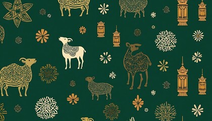 Festive Animal Motif Seamless Pattern with Flowers and Lanterns