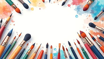 Paint Brushes Arranged Around a White Space with Watercolor Splatters