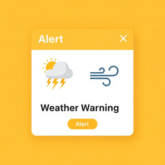 Weather alert pop-up displays sun, cloud, lightning, and wind icons, warning of severe weather conditions.