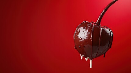 A stylized chocolate-covered cherry appears suspended in time against a solid cherry red background. The juicy cherry and rich chocolate coating are highlighted, with a drizzle of white chocolate 