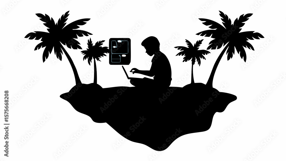 Poster silhouette of a person using a laptop on an island with palm trees and a file cabinet in the backgro