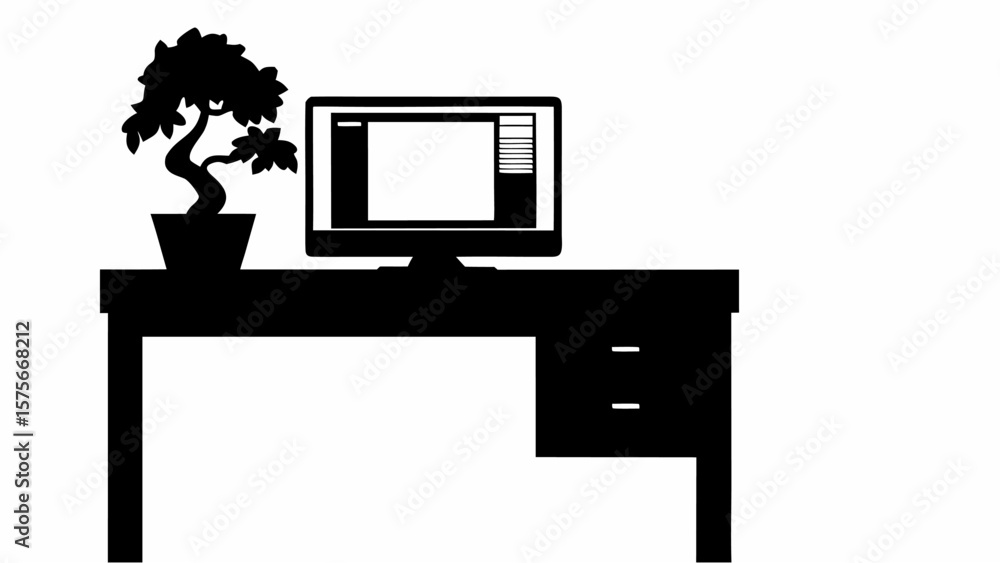 Fototapete Silhouette of a desk with a computer monitor and a bonsai tree in a pot on a white background scene