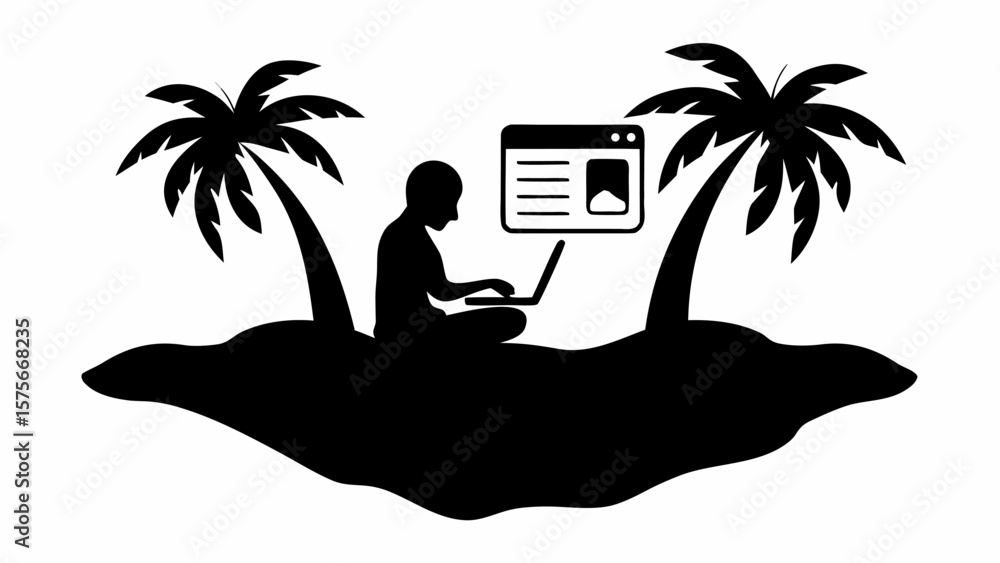 Aufkleber silhouette of person on island with palm trees using laptop and website icon above them in black