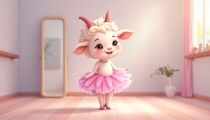 Goat Cartoon Character in Pink Tutu Posing in Dance Studio