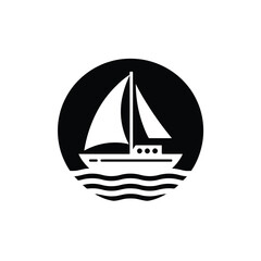 Simple black and white graphic of a sailboat on wavy water inside a circle