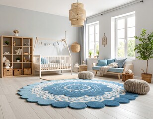 Cozy nursery interior featuring a crib, blue circular rug, natural light from large windows, and stylish decor elements creating a warm and inviting atmosphere for children