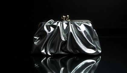 Metallic Silver Clutch Purse on Black Reflective Surface